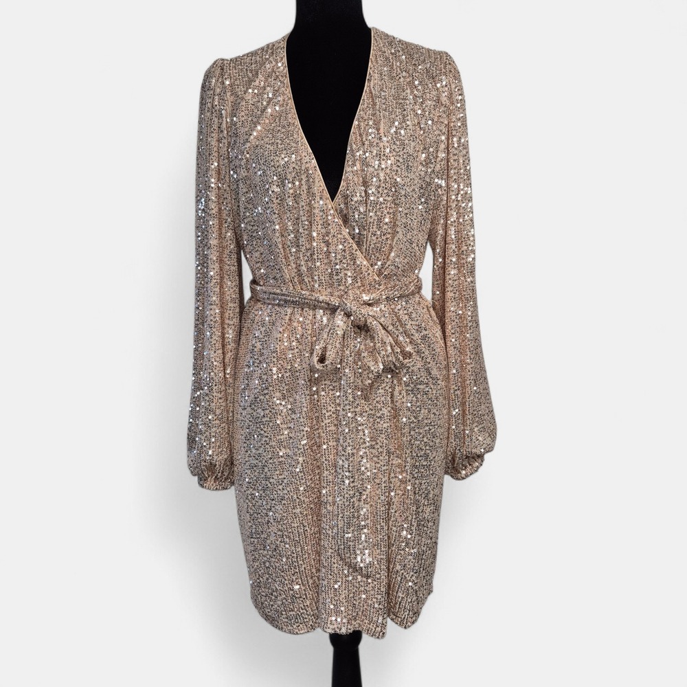 Lulus Wrap Mini Small Dress Rose Gold Sequin Long Balloon Sleeve Party Cocktail